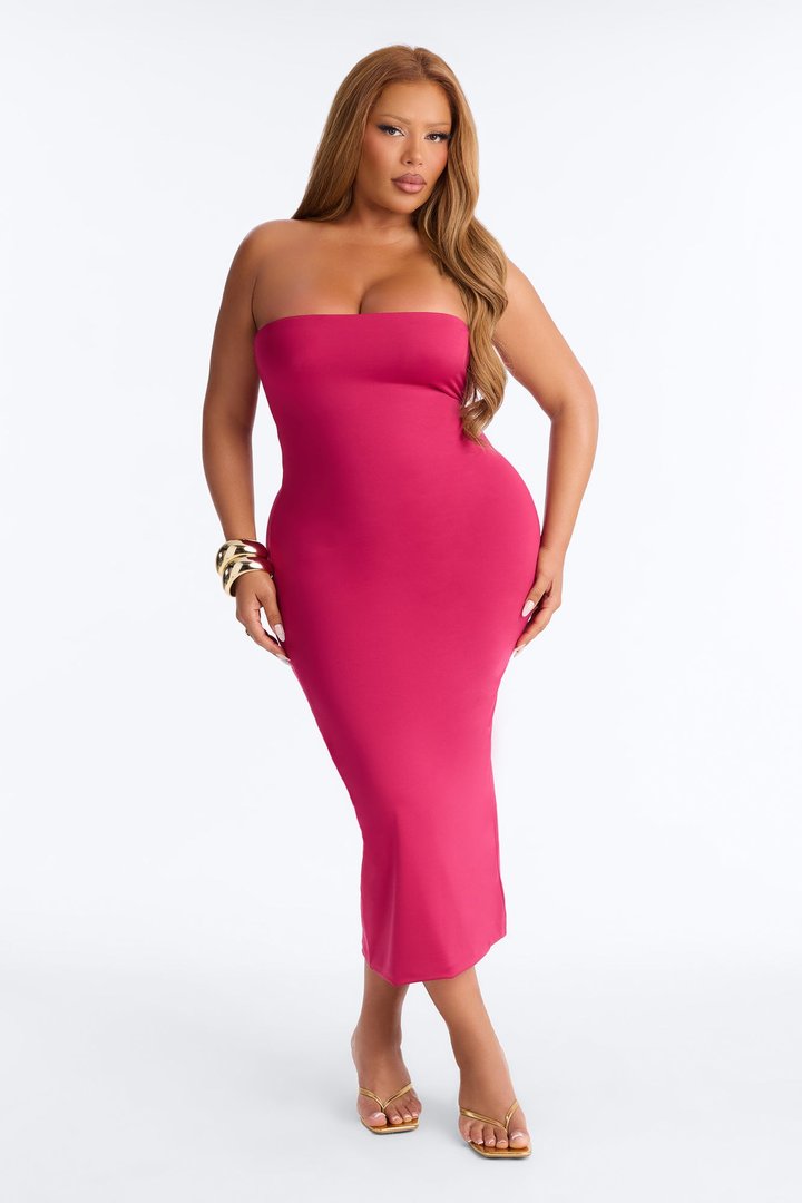 Contour Double Lined Strapless Midi Dress - Raspberry