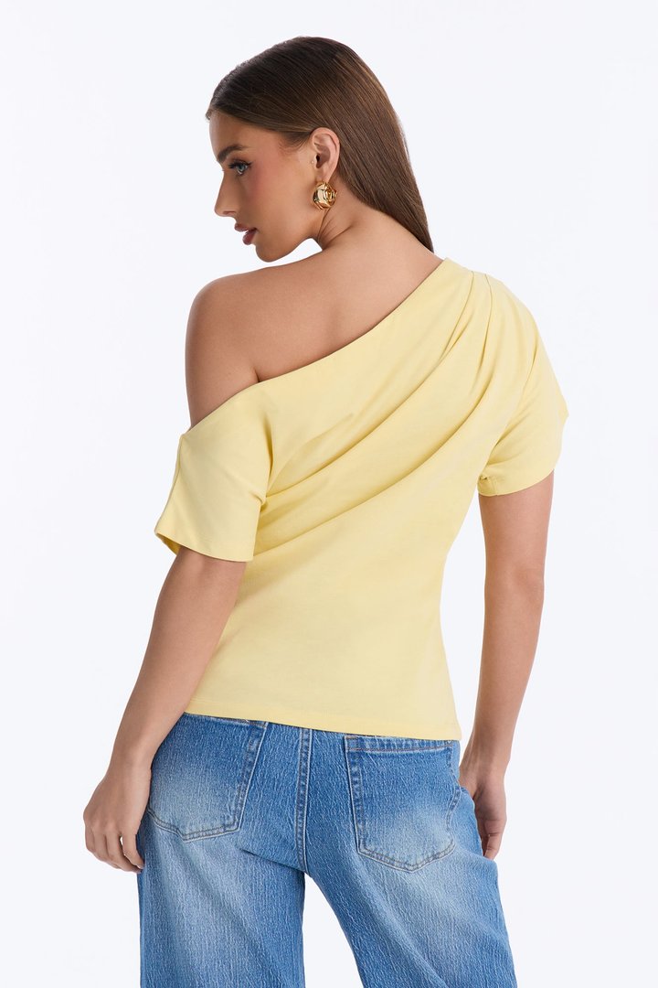 City Lounge Off Shoulder Short Sleeve T-Shirt - Butter Yellow