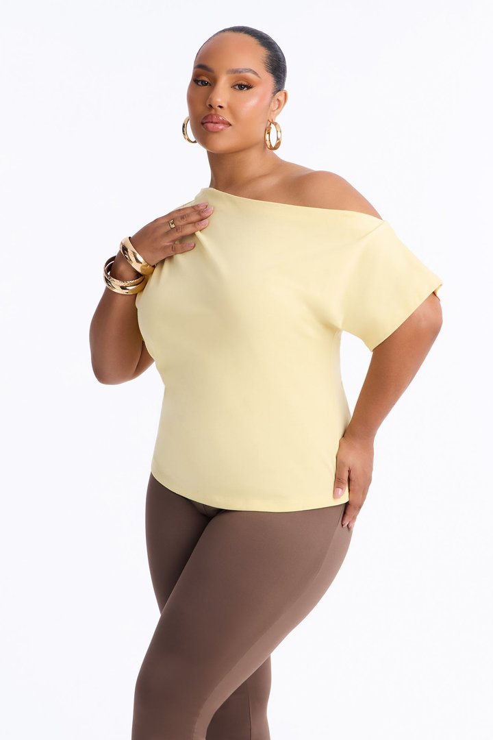 City Lounge Off Shoulder Short Sleeve T-Shirt - Butter Yellow