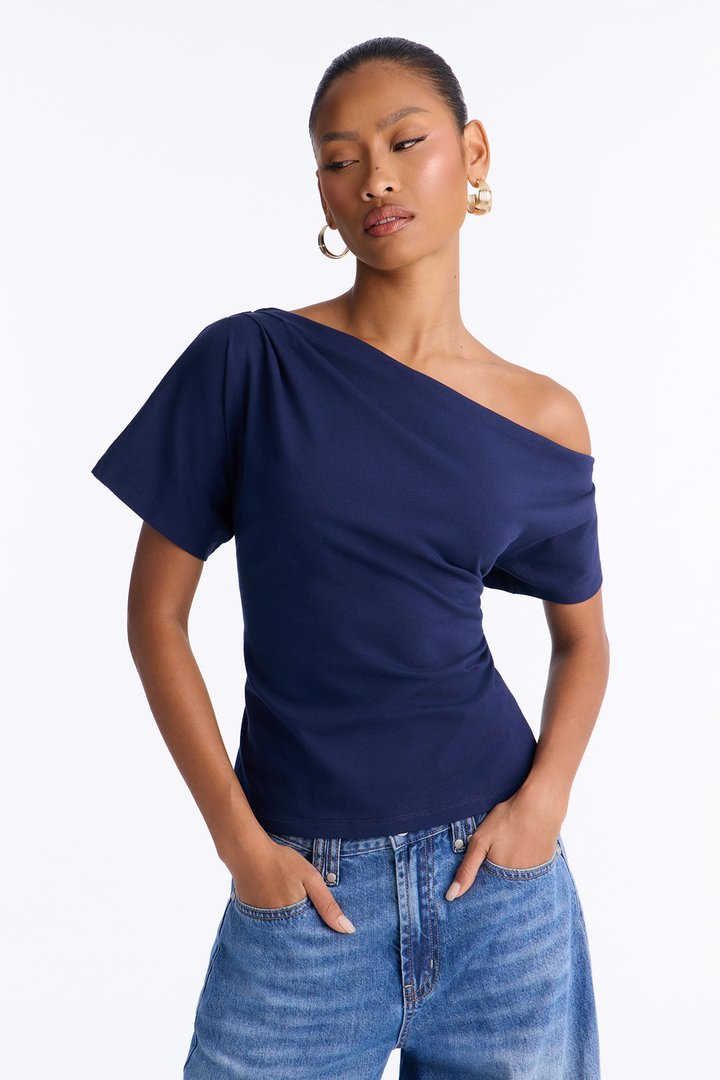 City Lounge Off Shoulder Short Sleeve T-Shirt - Navy