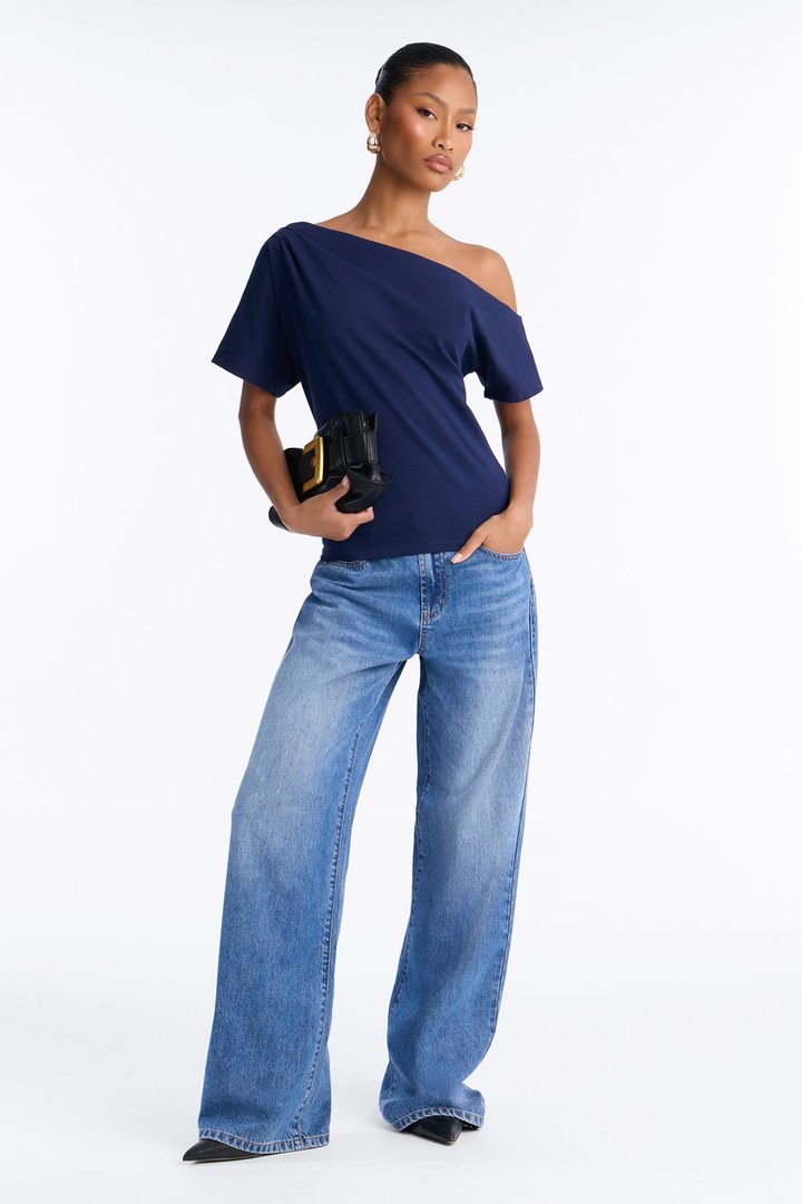 City Lounge Off Shoulder Short Sleeve T-Shirt - Navy