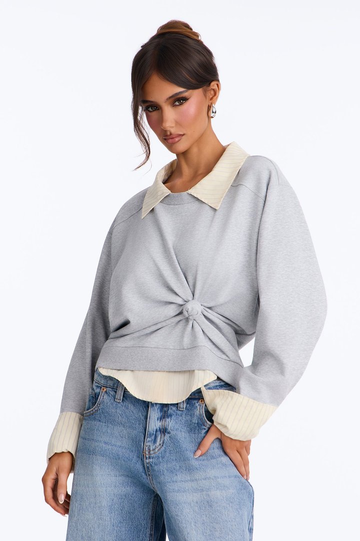 Lindsey French Terry Layered Long Sleeve Top - Heather Grey