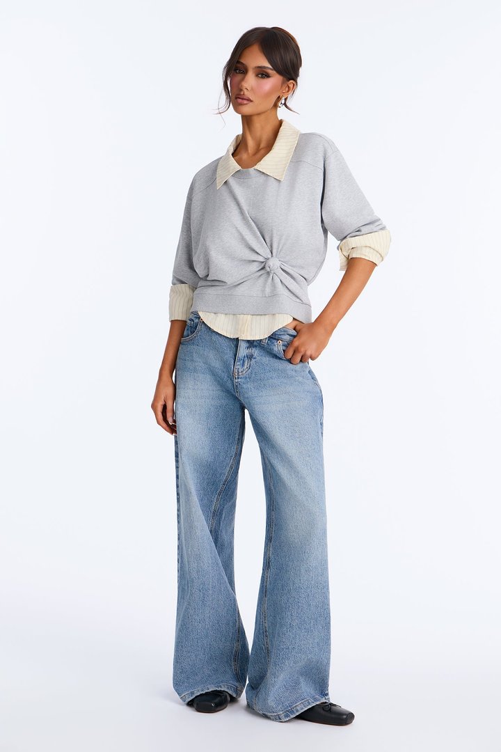 Lindsey French Terry Layered Long Sleeve Top - Heather Grey