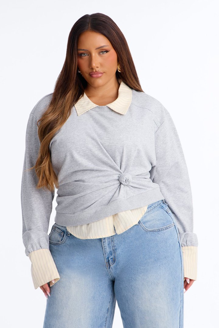 Lindsey French Terry Layered Long Sleeve Top - Heather Grey
