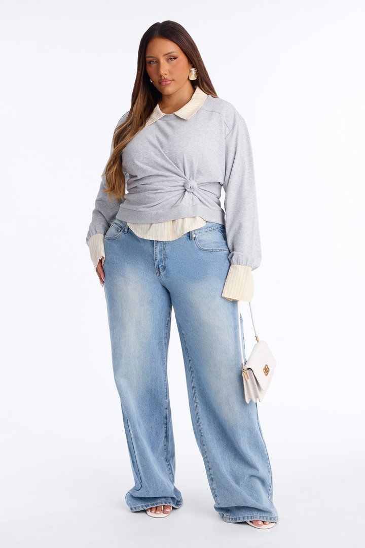 Lindsey French Terry Layered Long Sleeve Top - Heather Grey
