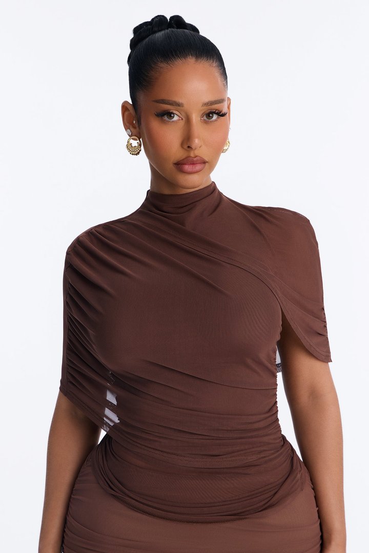Kendall Mesh Mock Neck Short Sleeve Top - Brown