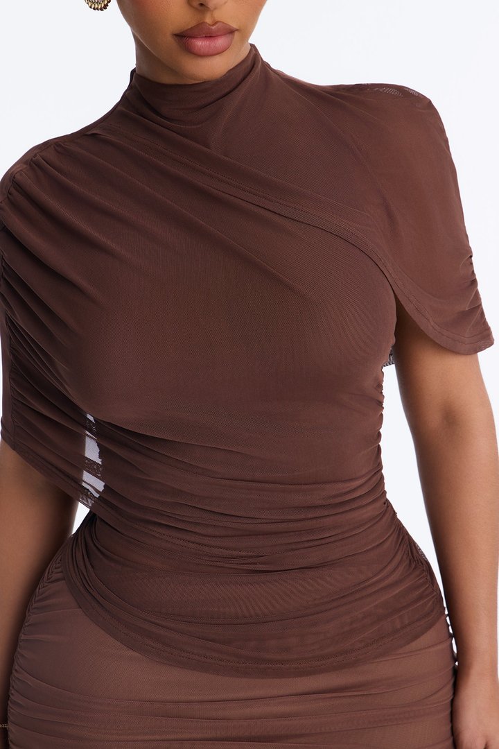 Kendall Mesh Mock Neck Short Sleeve Top - Brown