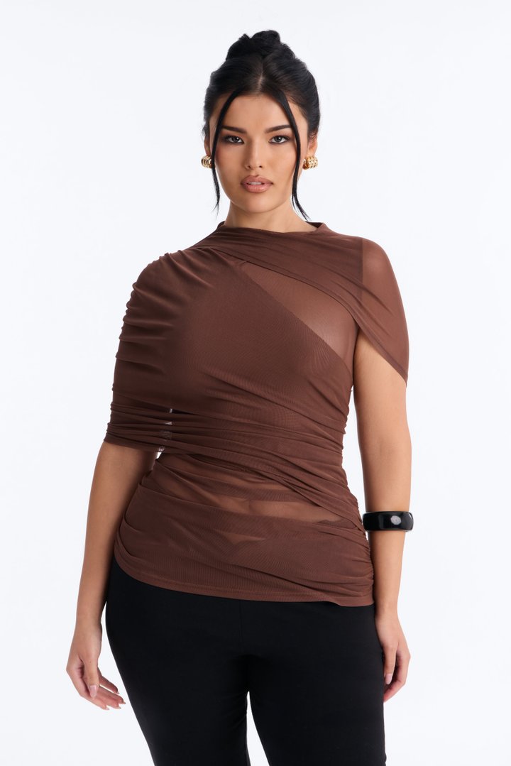 Kendall Mesh Mock Neck Short Sleeve Top - Brown