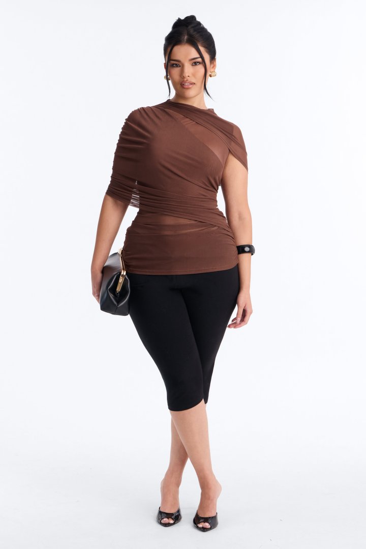 Kendall Mesh Mock Neck Short Sleeve Top - Brown
