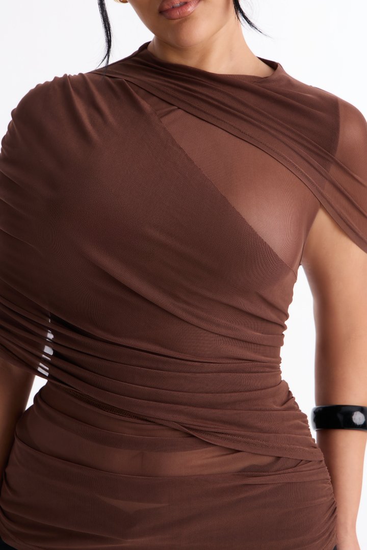 Kendall Mesh Mock Neck Short Sleeve Top - Brown