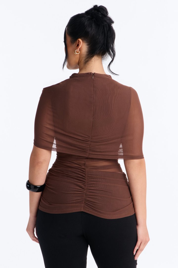 Kendall Mesh Mock Neck Short Sleeve Top - Brown