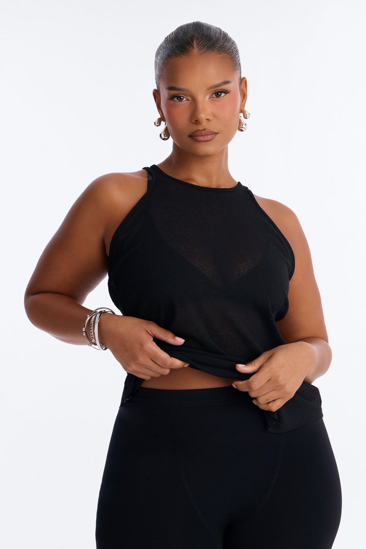 Gigi Long Ribbed Sheer Tank Top - Black