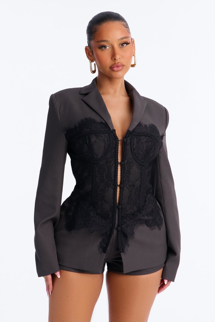 After Hours Lace Corset Blazer Short Set - Charcoal