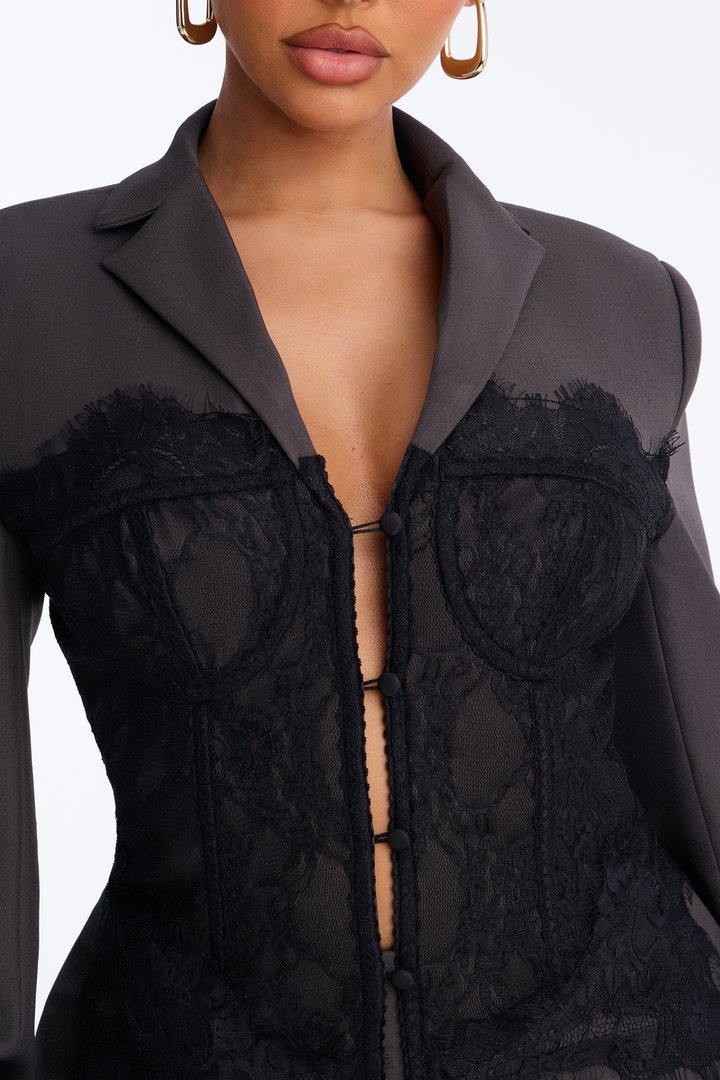After Hours Lace Corset Blazer Short Set - Charcoal