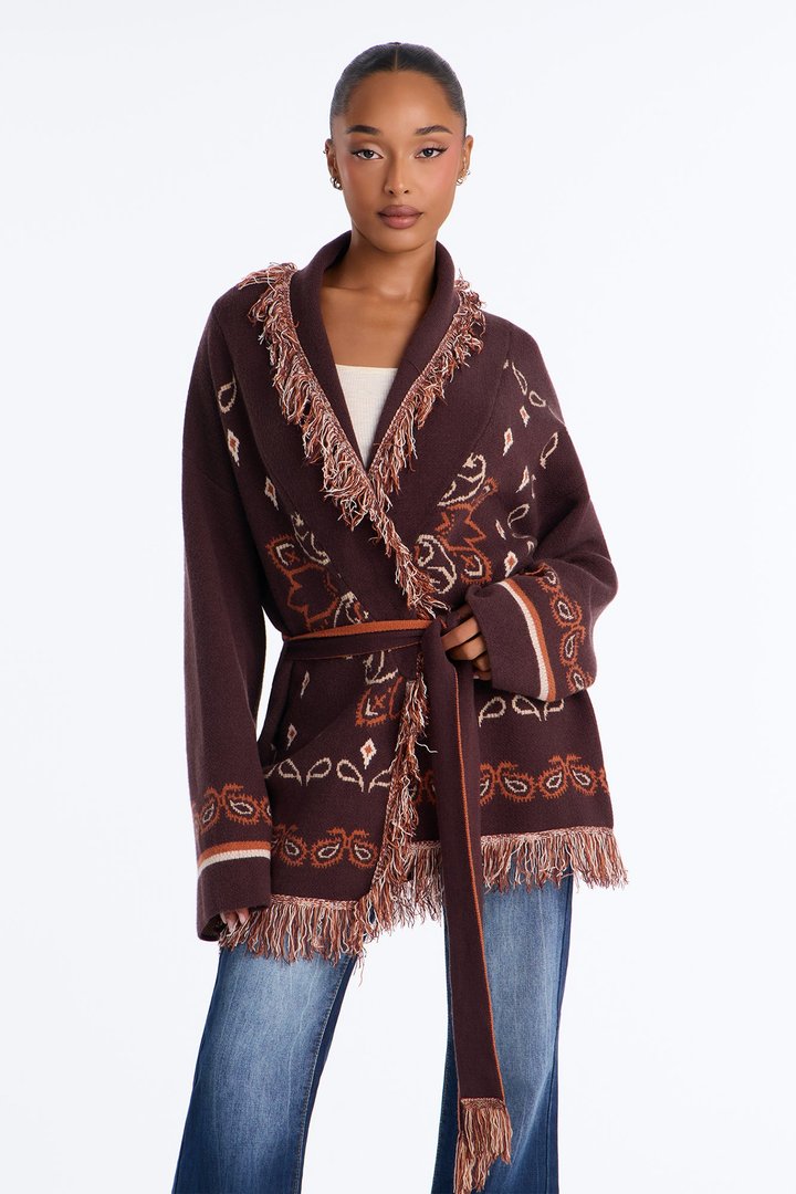 Aspen Jacquard Fringe Cardigan - Brown Combo