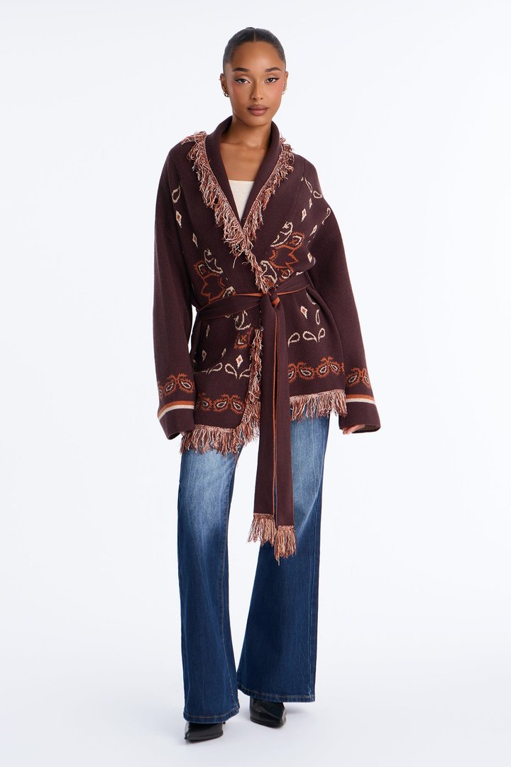 Aspen Jacquard Fringe Cardigan - Brown Combo