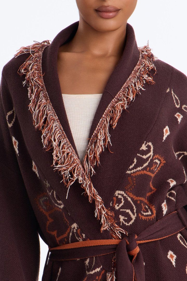 Aspen Jacquard Fringe Cardigan - Brown Combo