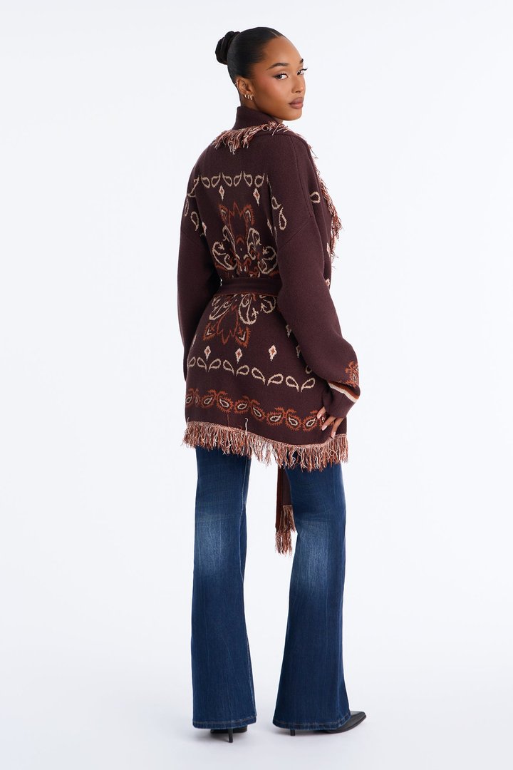 Aspen Jacquard Fringe Cardigan - Brown Combo