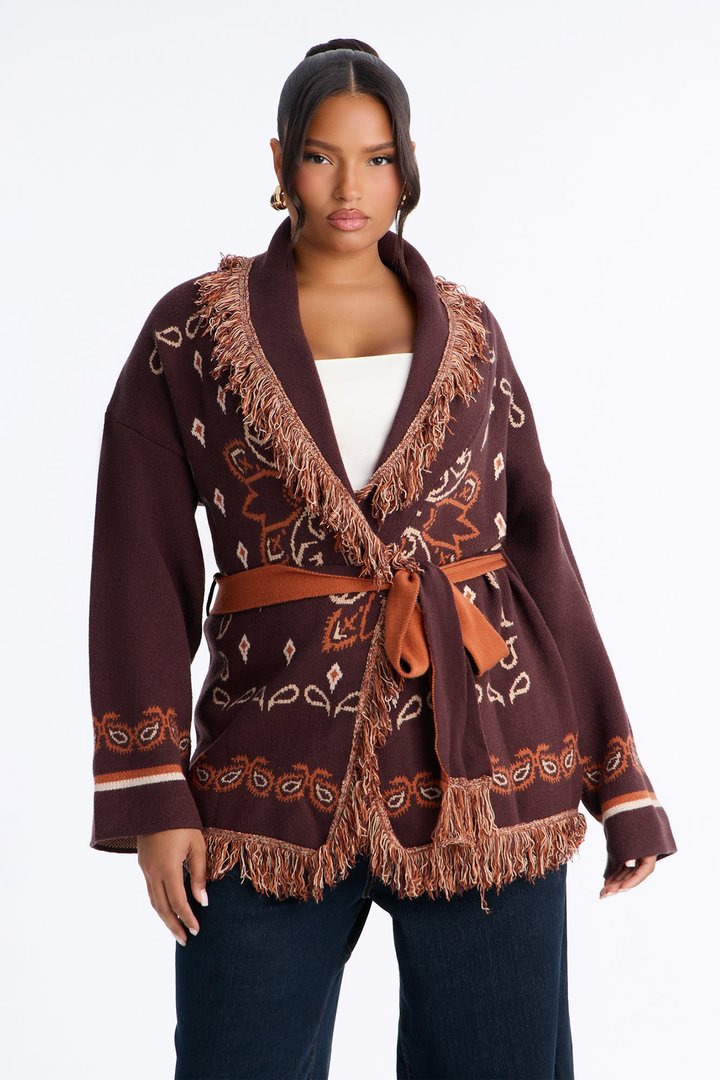 Aspen Jacquard Fringe Cardigan - Brown Combo
