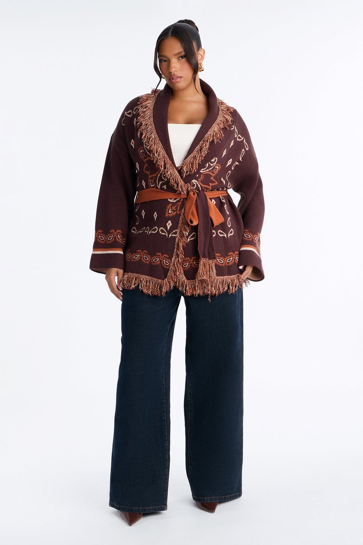 Aspen Jacquard Fringe Cardigan - Brown Combo