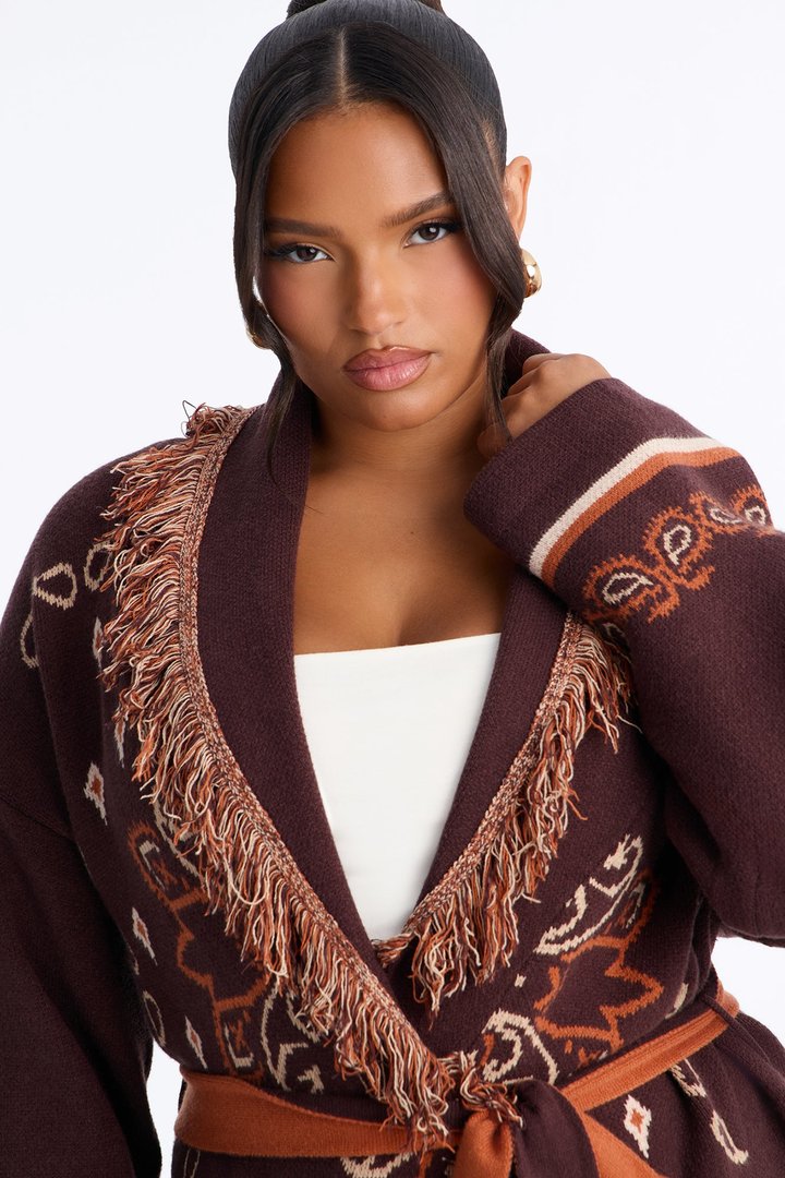 Aspen Jacquard Fringe Cardigan - Brown Combo