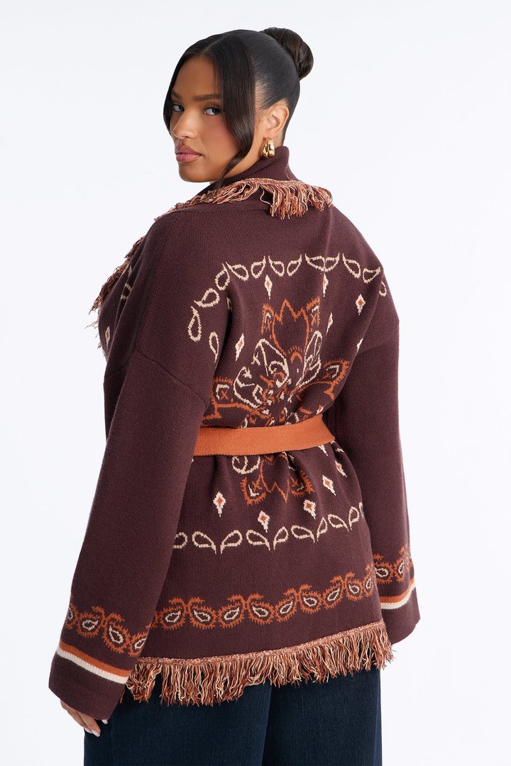 Aspen Jacquard Fringe Cardigan - Brown Combo