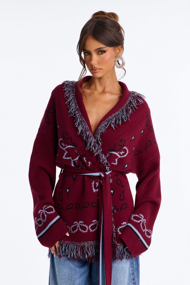 Aspen Jacquard Fringe Cardigan - Burgundy/combo