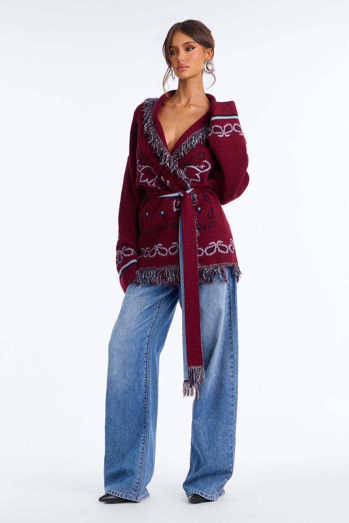 Aspen Jacquard Fringe Cardigan - Burgundy/combo