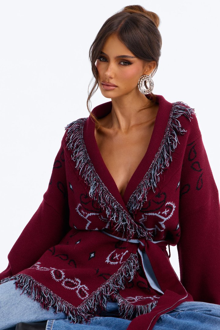 Aspen Jacquard Fringe Cardigan - Burgundy/combo