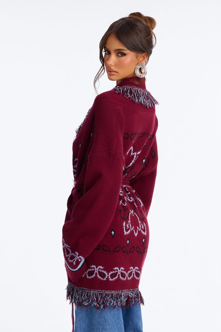Aspen Jacquard Fringe Cardigan - Burgundy/combo