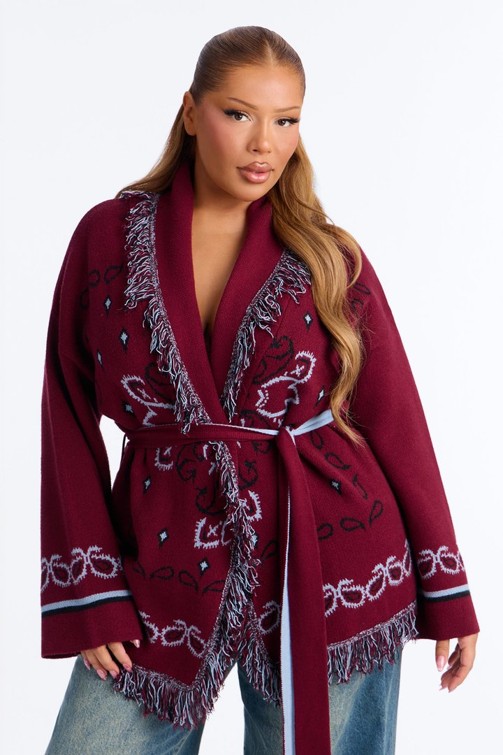 Aspen Jacquard Fringe Cardigan - Burgundy/combo
