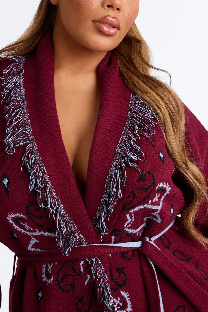 Aspen Jacquard Fringe Cardigan - Burgundy/combo