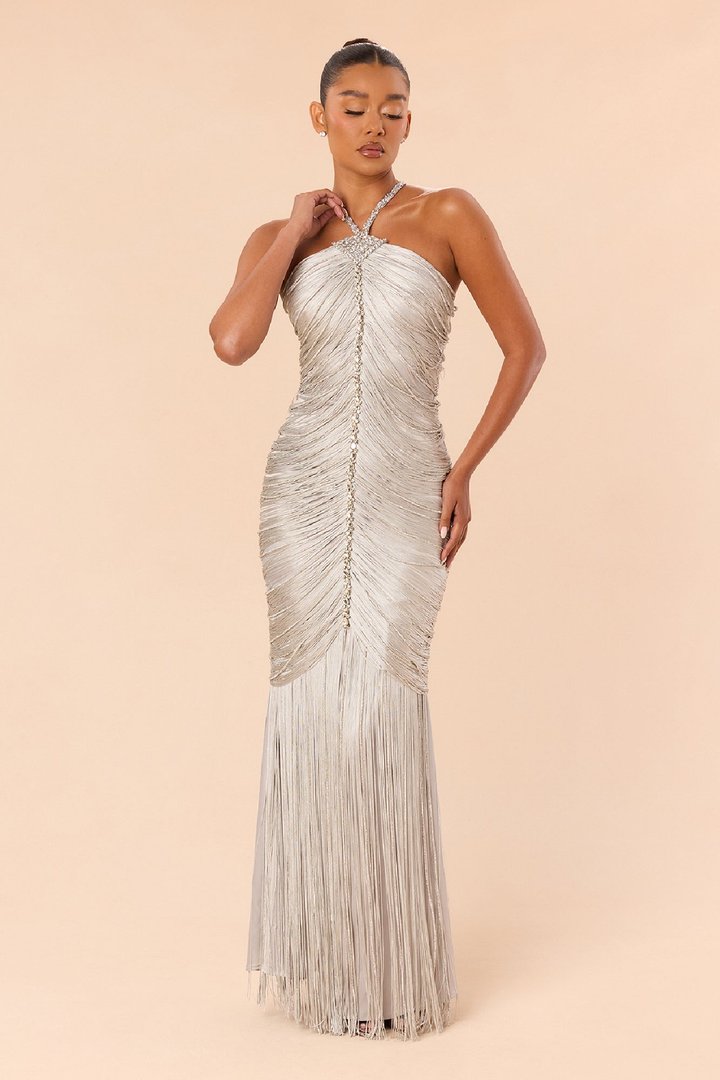 Tell Me About It Satin Fringe Gown - Silver