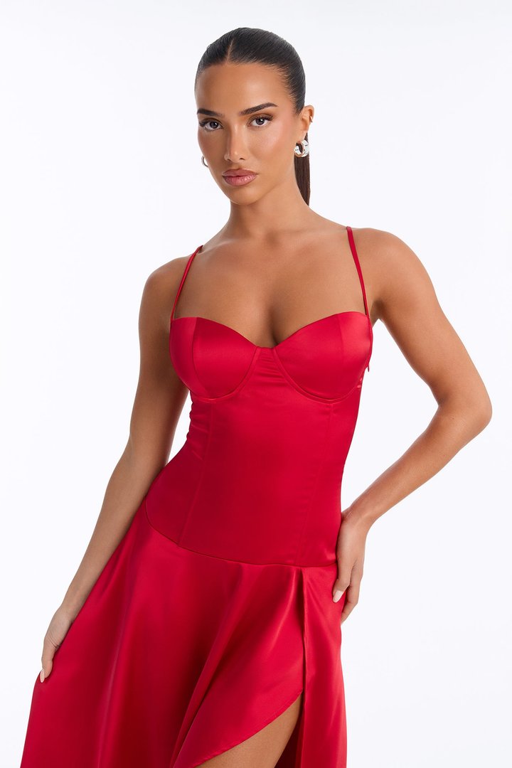Lexi Satin Corset Midi Dress - Red