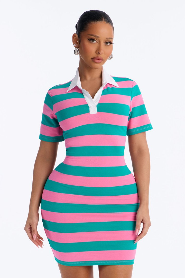 Lindsay Striped Polo Mini Dress - Pink/combo