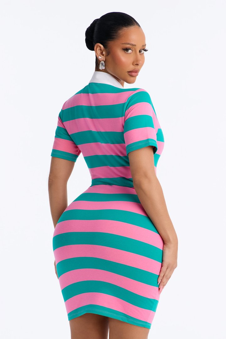 Lindsay Striped Polo Mini Dress - Pink/combo