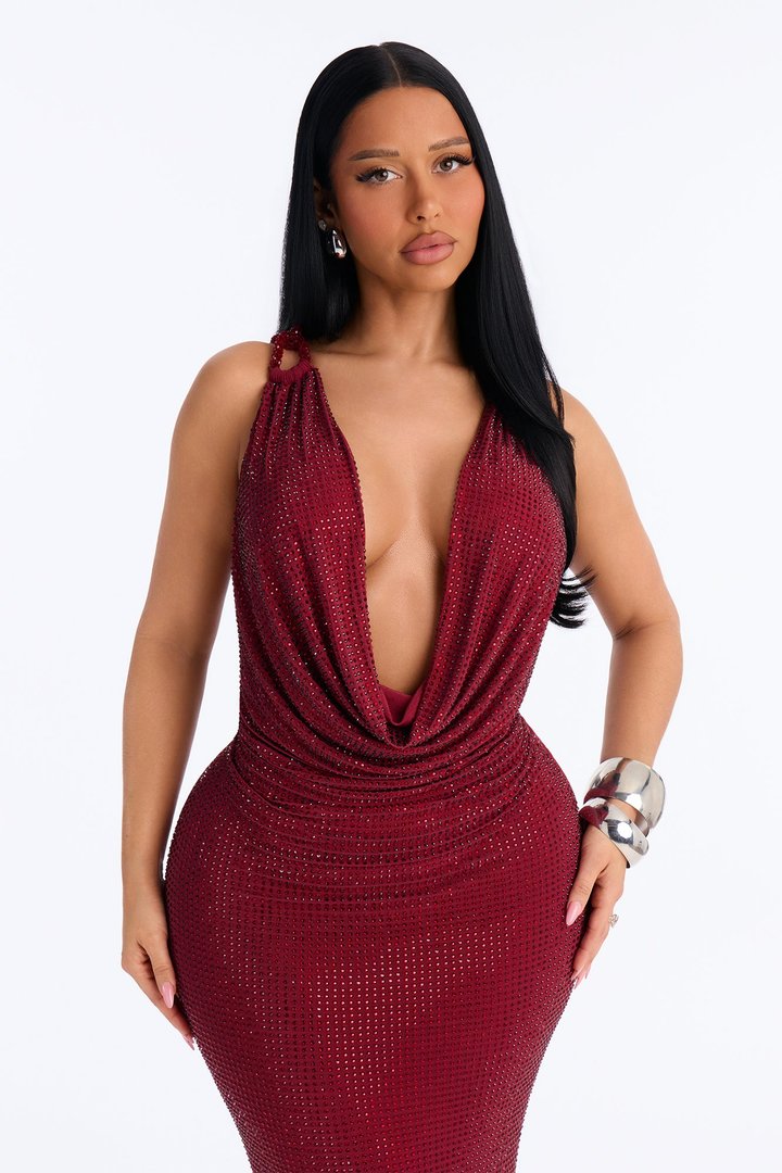 Sasha Rhinestone Cowl Neck Maxi Dress - DarkRed