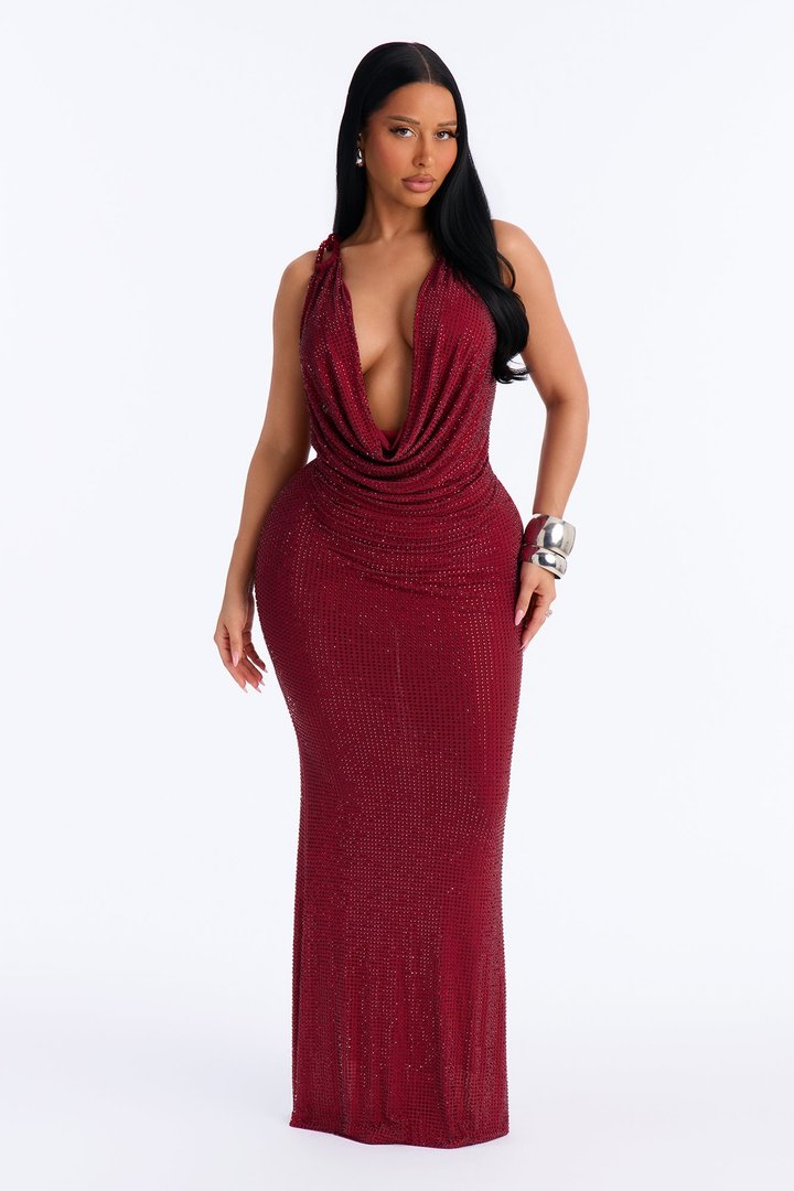 Sasha Rhinestone Cowl Neck Maxi Dress - DarkRed