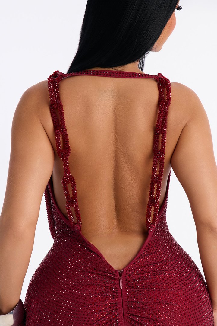 Sasha Rhinestone Cowl Neck Maxi Dress - DarkRed