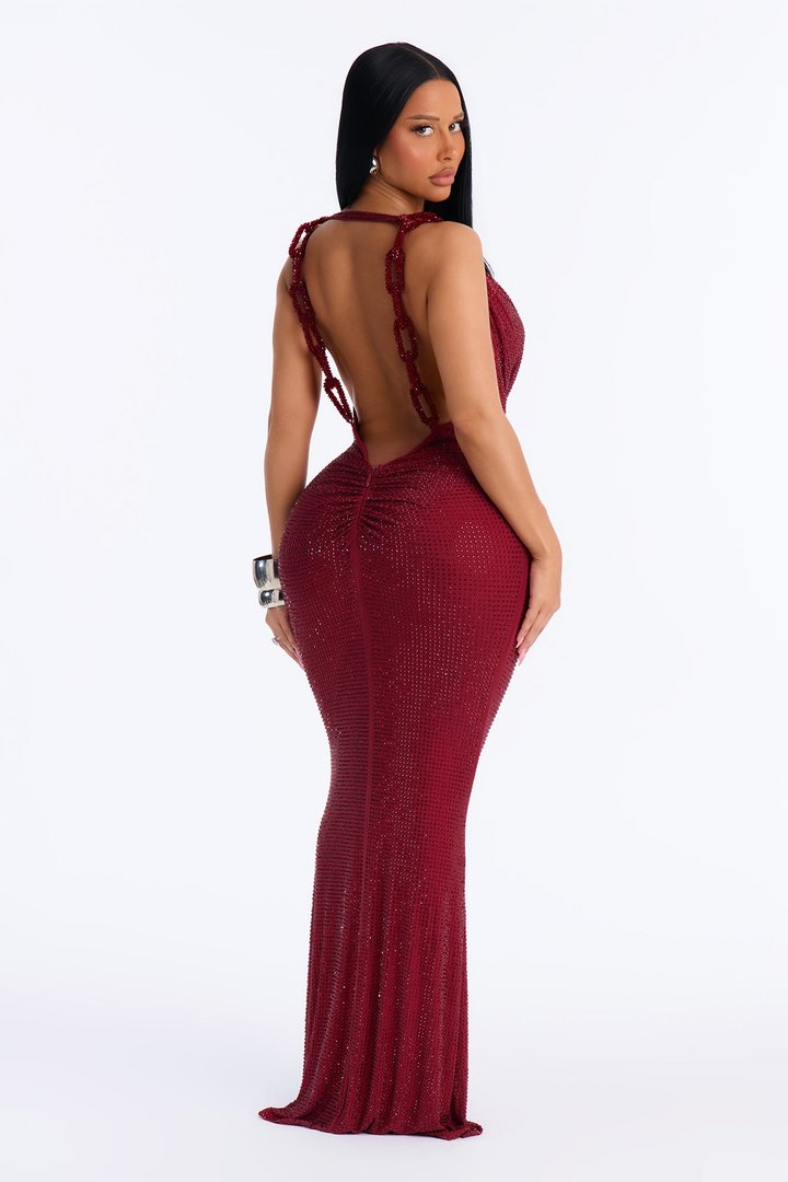 Sasha Rhinestone Cowl Neck Maxi Dress - DarkRed