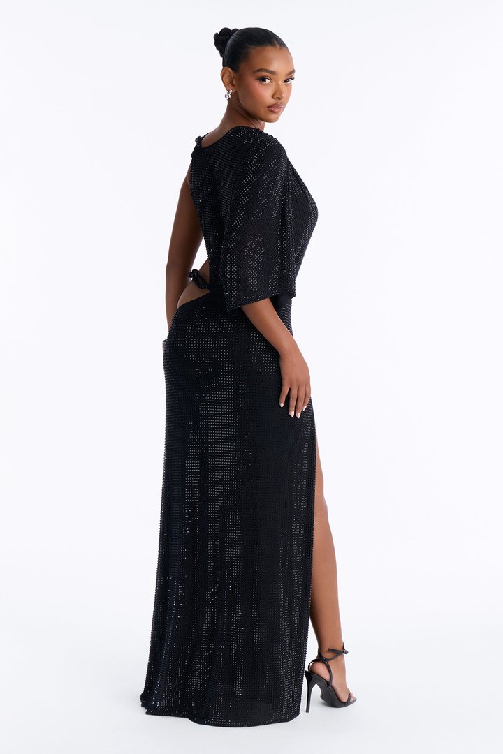 Kylie Rhinestone High Slit Maxi Dress - Black