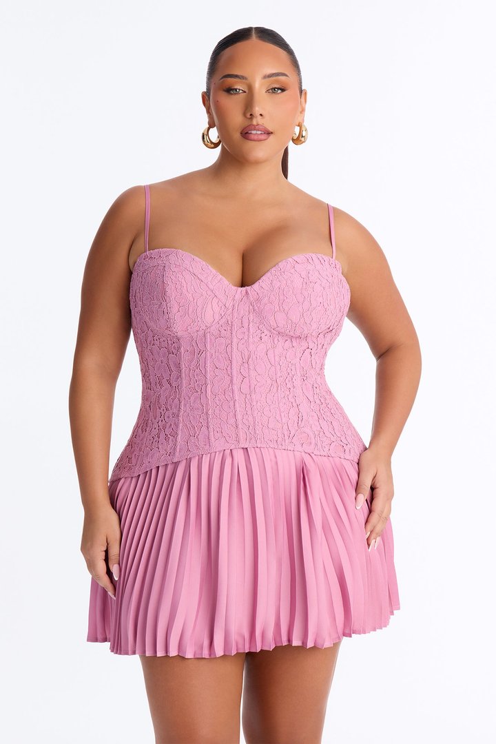 Daniella Lace Corset Pleated Mini Dress - Rose