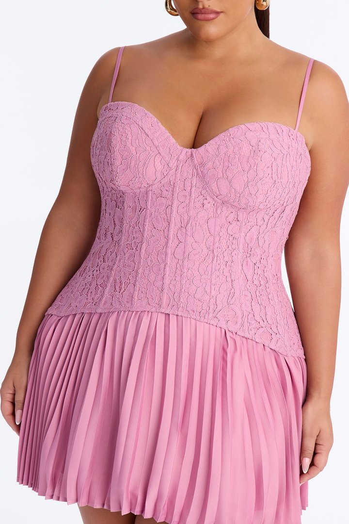Daniella Lace Corset Pleated Mini Dress - Rose