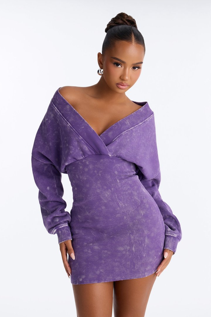 Amara Fleece Off Shoulder Sweatshirt Mini Dress - Purple