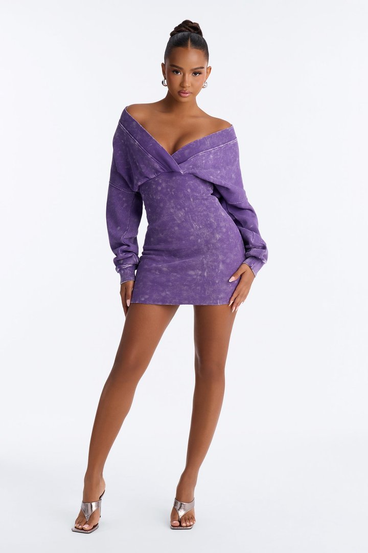 Amara Fleece Off Shoulder Sweatshirt Mini Dress - Purple