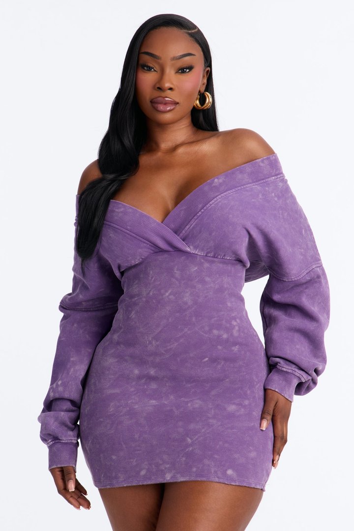 Amara Fleece Off Shoulder Sweatshirt Mini Dress - Purple