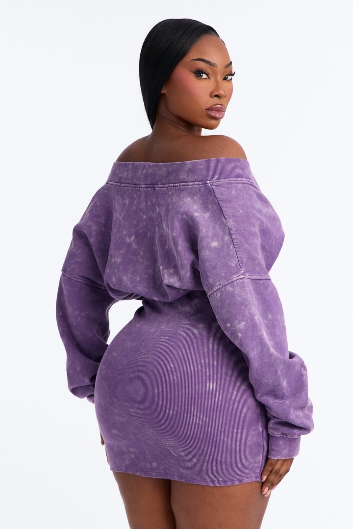 Amara Fleece Off Shoulder Sweatshirt Mini Dress - Purple