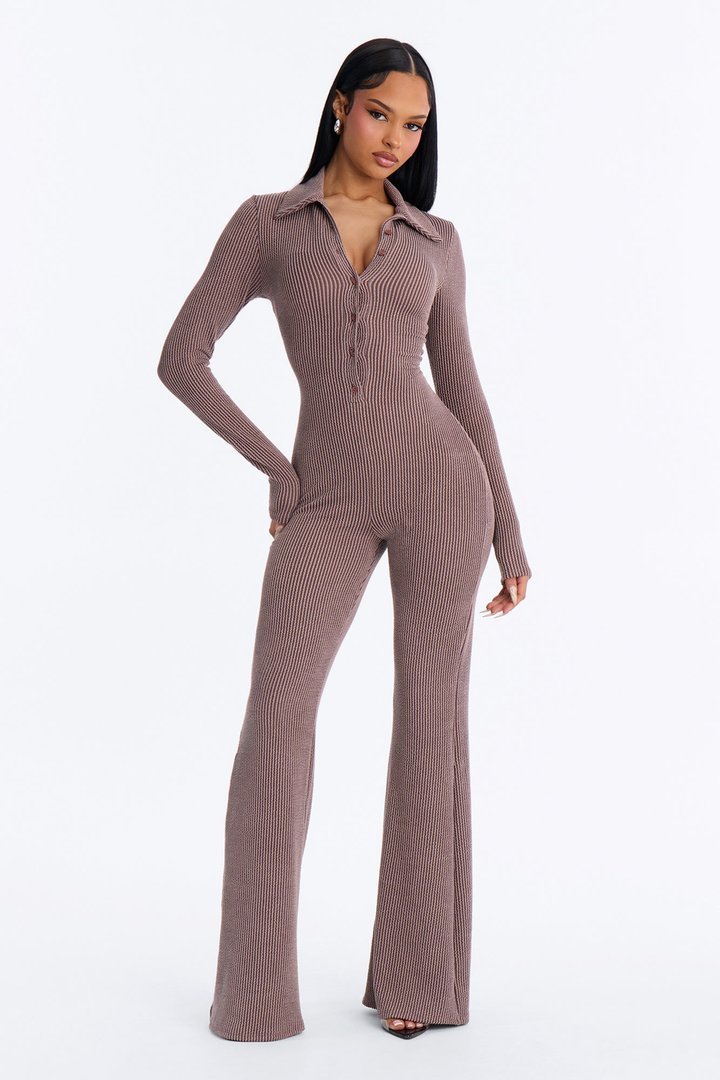 Noelia Ribbed Long Sleeve Jumpsuit - Chocolate