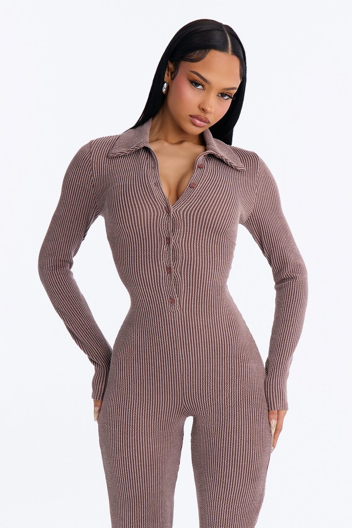 Noelia Ribbed Long Sleeve Jumpsuit - Chocolate