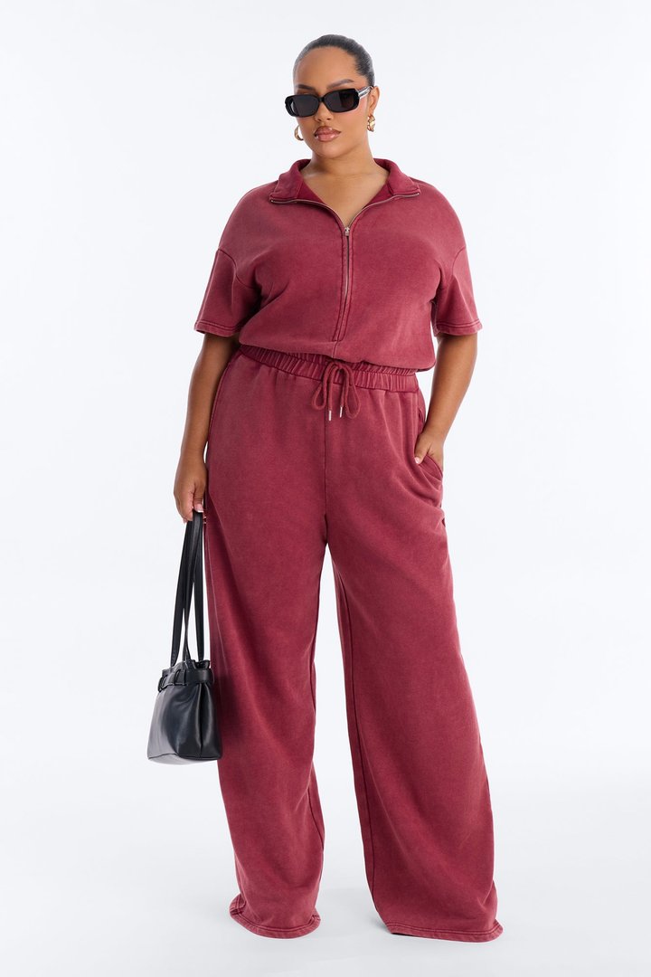 Busy Schedule Washed French Terry Short Sleeve Jumpsuit - Burgundy